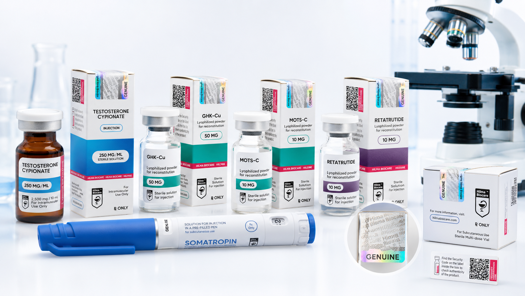 Hilma product assortment with laboratory microscope and verification seal