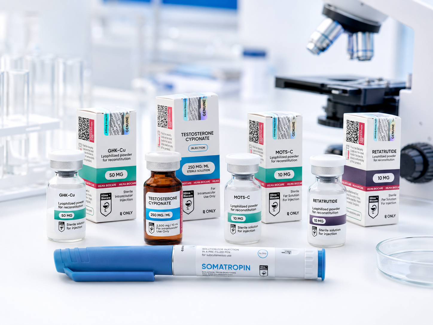 Hilma products shown with authenticity elements in a clinical laboratory setting